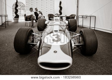 BERLIN - JUNE 14 2015: Racing car Formula-2 Brabham BT23-5 pilot Jochen Rindt 1967. Stylization. Toning. The Classic Days on Kurfuerstendamm.