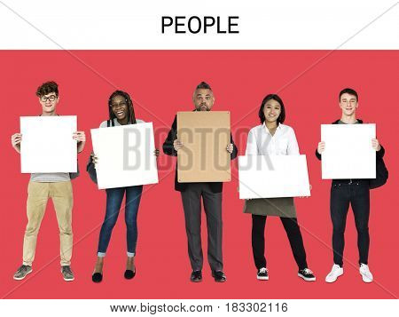Adult People Hold Blank Paper Board Copy Space Studio Portrait