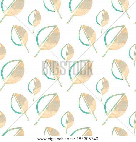 Seamless pattern with simple watercolor leaves on white background