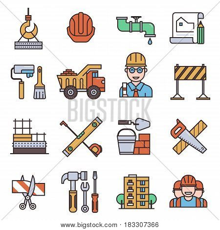Under construction outline icons set engineering building architecture equipment graphic tool vector illustration. Modern measure factory industrial development industry technology.