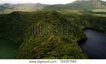 Aerial view to Comprida and Negra lakes , Flores island in Azores. Portugal