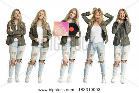 Young Women Set Gesture Standing Studio Portrait Isolated
