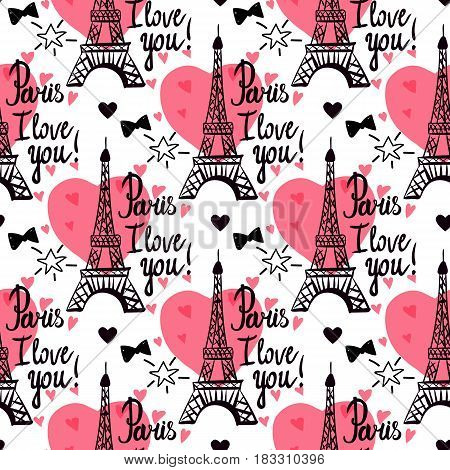 Seamless pattern. Illustration black ink Eiffel Tower. Vector decorations isolated on white background. Handwritten inscription Paris I love you.