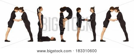 Black dressed people forming word ALPHA on white background