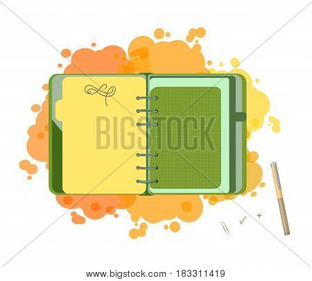 Diary with blank list. Isolated illustration. Vector EPS 10. Concept designer green notepad.