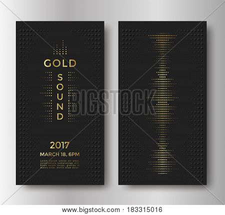 Gold sound flyer or card design with golden equalizer and text. Luxury music background. Vector template