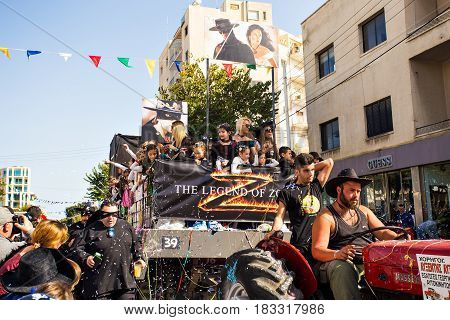 LIMASSOL, CYPRUS - FEBRUARY 26: Grand Carnival Parade - an unidentified people of all ages , gender and nationality in colorful costumes during the street carnival