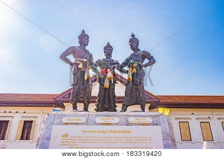 The sculpture of three kings monument in town which is a symbol of Chiang Mai province, Thailand.