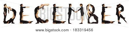 Black dressed people forming word DECEMBER on white background