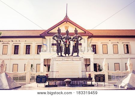 The sculpture of three kings monument in town which is a symbol of Chiang Mai province, Thailand.