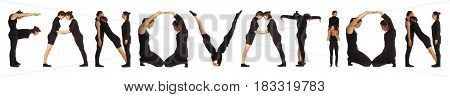 Black dressed people forming word FANOVATION on white background
