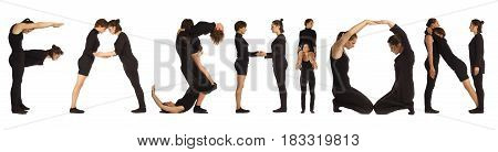 Black dressed people forming word FASHION on white background