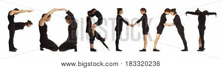 Black dressed people forming word FORMAT on white background