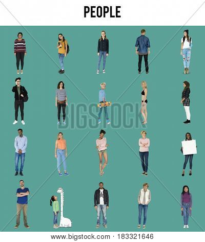 Various of diversity people full body set standing with smiling on background