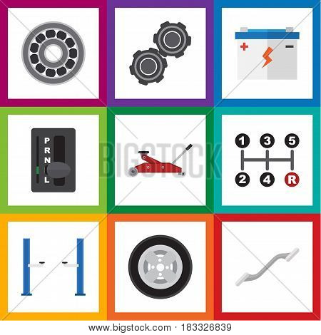 Flat Workshop Set Of Belt, Auto Jack, Tire And Other Vector Objects. Also Includes Belt, Ball, Jack Elements.