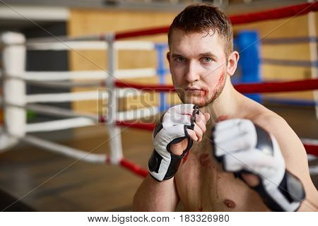 Portrait of strong muscular man looking at camera with determination after finishing fight in boxing ring, covered in blood  and clutching fists