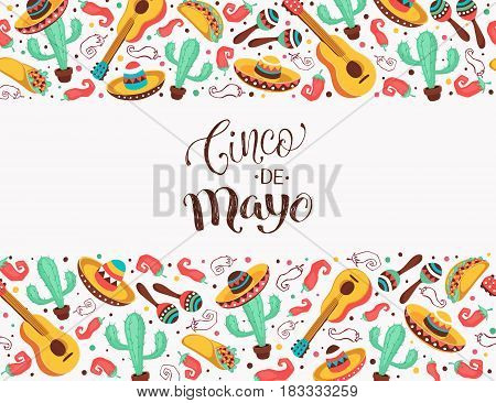 Viva Mexico poster in horizontal stripe composition. Mexican culture symbols collection. Guitar, sombrero, maracas, cactus and jalapeno isolated on white background.