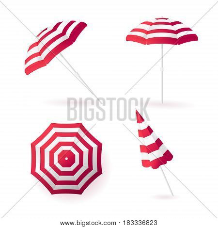 Beach sun umbrellas collection. Red striped awning. Vector illustration.