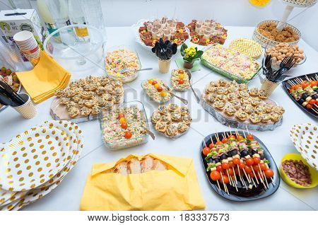 mix appetizer at wedding table. close details