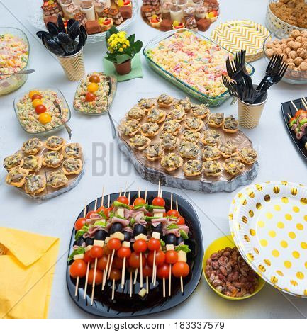 mix appetizer at wedding table. close details