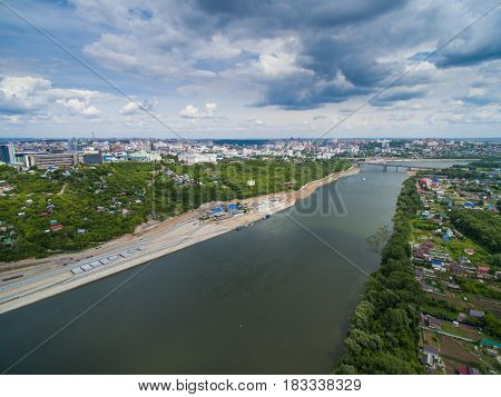 Panoramic aerial view at road, forest, river
