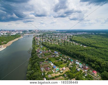 Panoramic aerial view at road, forest, river