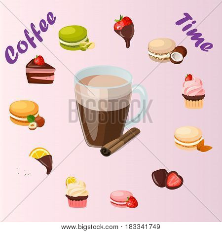 Very high quality original trendy vector illustration cup of cinamon coffee and sweets
