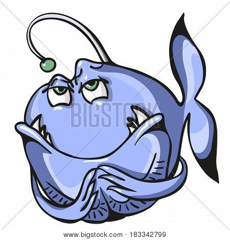Insidious blue fish isolated on white background. Funny cartoon image with simple gradients for printed products and backgrounds.