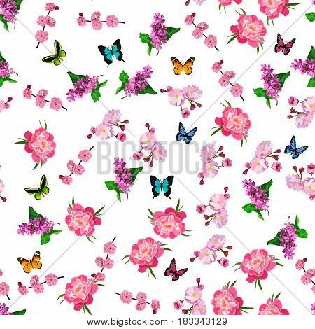 Very high quality original trendy vector seamless pattern with blooming lilac and peony flower. Spring or summer design