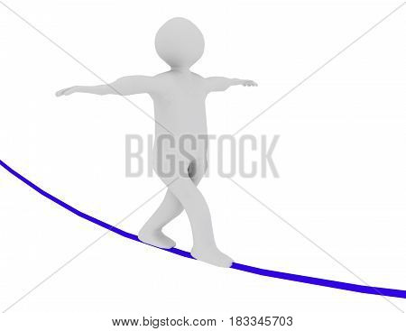 3D Man Walking On Rope. Rendered Illustration