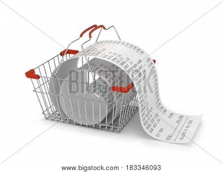 shopping backet with store paper receipt isolated 3d illustration. shopping concept