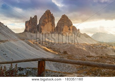 Tre Cime di Lavaredo in beautiful surroundings in the Dolomites at sunset in Italy Europe (Drei Zinnen)