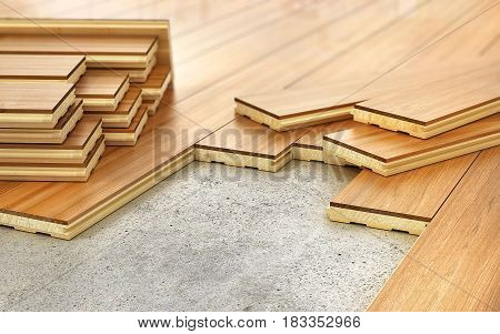 Stack of parquet. Timberwork lumber work and woodwork industry concept: stacks of wooden timber planks on the wooden floor. 3d illustration