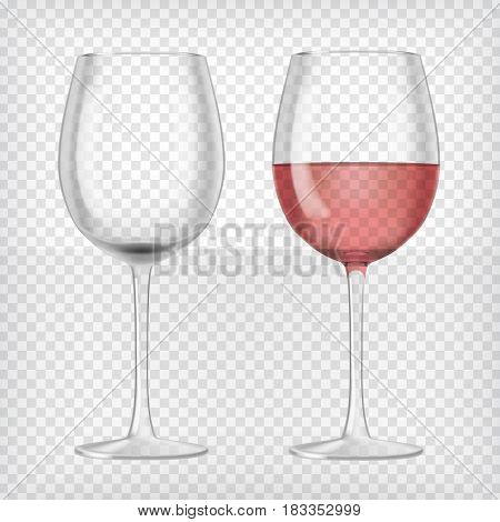 Set of realistic transparent wine glasses. One glass red wine and empty glass. Graphic design element for advertisement, flyer, poster, web site, restaurant menu, scrapbooking. Vector illustration
