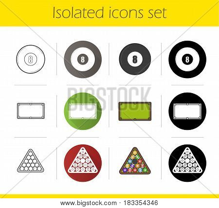 Billiard icons set. Flat design, linear, black and color styles. Pool equipment. Eight ball, table, triangle balls rack. Isolated vector illustrations