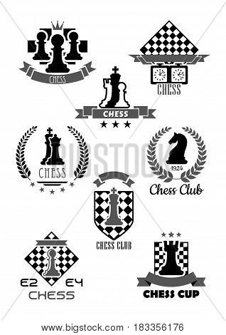 Chess club vector icon for chessplayer team or tournament contest. Vector symbols chessman pieces king and queen, rook or pawn and knight bishop on chessboard, ribbons and laurel stars