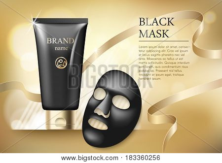 Ads template, blank skin care mockup with realistic black anti blackhead mask, plastic tubes of premium skincare product and gold tape on golden background.