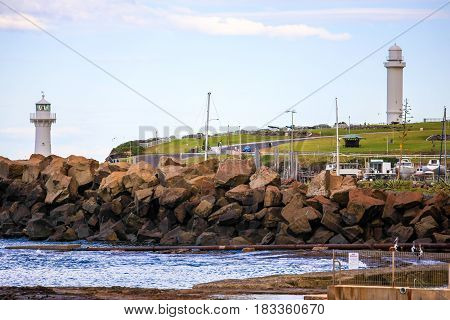 Wollongong coast with Wollongong Breakwater Lighthouse and Wollongong Head Lighthouse