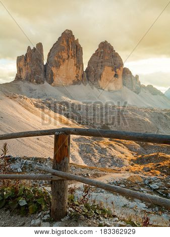 Tre Cime di Lavaredo in beautiful surroundings in the Dolomites at sunset in Italy Europe (Drei Zinnen)