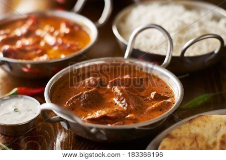 lamb tikka masala in balti dish shot with selective focus