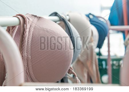 selective focus of bra hanging on a clothesline at home after washing