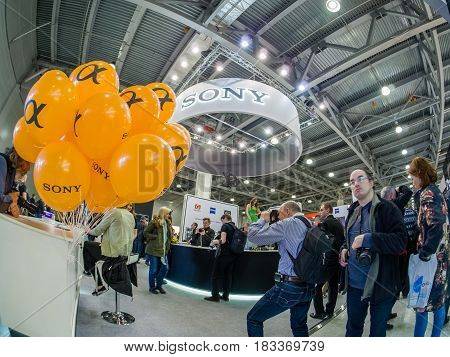 MOSCOW RUSSIA - APRIL 21 2017: Booth of Sony company at PhotoForum 2017 trade show and exhibition in Moscow Russia on April 21 2017.