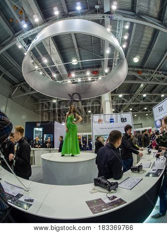 MOSCOW RUSSIA - APRIL 21 2017: Booth of Sony company at PhotoForum 2017 trade show and exhibition in Moscow Russia on April 21 2017.