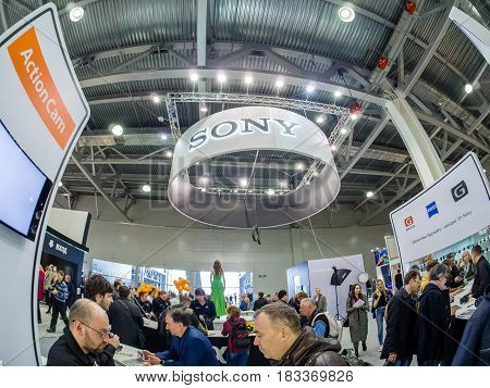 MOSCOW RUSSIA - APRIL 21 2017: Booth of Sony company at PhotoForum 2017 trade show and exhibition in Moscow Russia on April 21 2017.