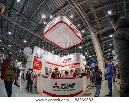 MOSCOW RUSSIA - APRIL 21 2017: Booth of Mitsubishi Electric company at PhotoForum 2017 trade show and exhibition in Moscow Russia on April 21 2017.