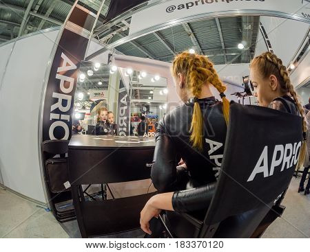 MOSCOW RUSSIA - APRIL 21 2017: Workplace for makeup at booth of Aprioiri Photo studio at PhotoForum 2017 trade show and exhibition in Moscow Russia on April 21 2017.