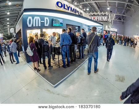 MOSCOW RUSSIA - APRIL 21 2017: Booth of Olympus company at PhotoForum 2017 trade show and exhibition in Moscow Russia on April 21 2017.