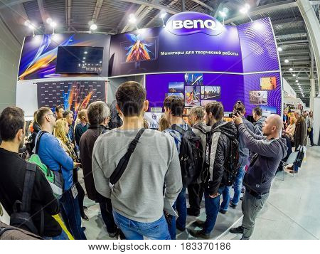 MOSCOW RUSSIA - APRIL 21 2017: Booth of BenQ company at PhotoForum 2017 trade show and exhibition in Moscow Russia on April 21 2017.