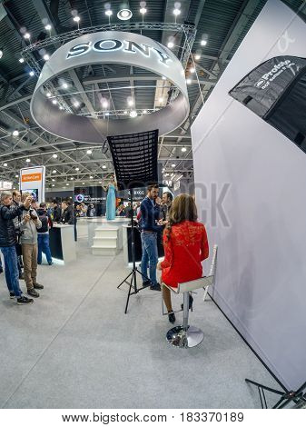 MOSCOW RUSSIA - APRIL 21 2017: Booth of Sony company at PhotoForum 2017 trade show and exhibition in Moscow Russia on April 21 2017.
