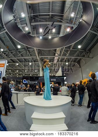 MOSCOW RUSSIA - APRIL 21 2017: Booth of Sony company at PhotoForum 2017 trade show and exhibition in Moscow Russia on April 21 2017.